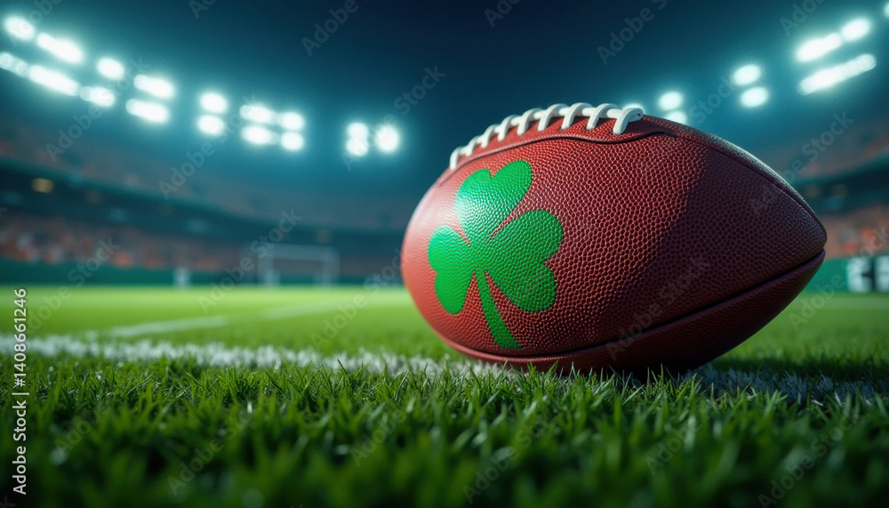 Football with a green shamrock on the surface, shown in a dramatic stadium setting. Combines athletic energy with Irish symbolism.
