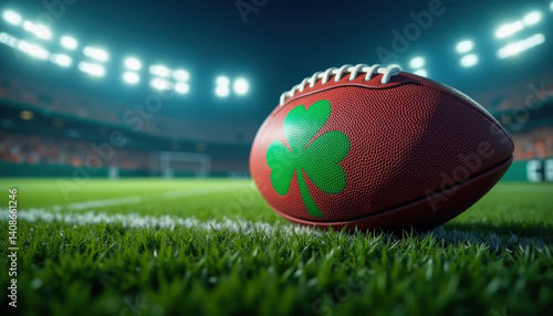 Obraz na płótnie Football with a green shamrock on the surface, shown in a dramatic stadium setting. Combines athletic energy with Irish symbolism. w salonie