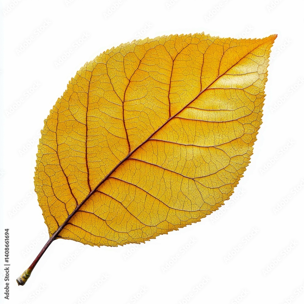 Obraz premium Golden Autumn Leaf: A Close-Up Macro Photograph of a Withered Leaf, Showcasing its Intricate Veins and Texture against a Pure White Background