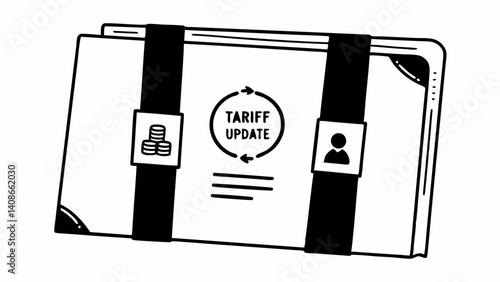 Tariff Update File: Secure document folder with tariff update information, symbolized by coins and a person icon.  