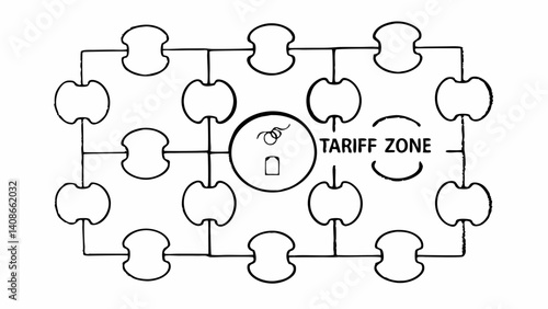 Tariff Zone Illustration: A detailed illustration of a tariff zone, featuring interconnected modules and a central focus point with the words "Tariff Zone" is a great depiction of business regulation