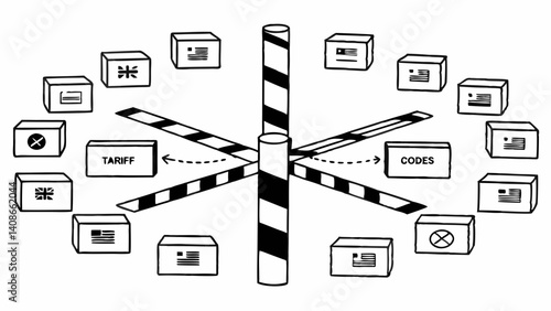 Global Trade Barrier:  A simple illustration depicts the complexities of global trade, showcasing goods flowing towards and away from a central barrier, representing tariffs and regulations.