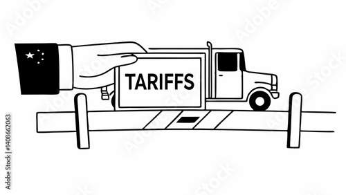 Tariffs and Trade: A simple illustration depicting a truck carrying goods being stopped by a tariff barrier, representing trade restrictions and economic implications.