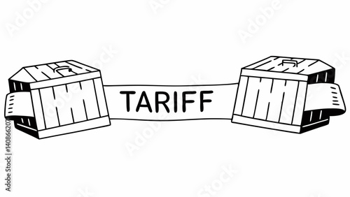 Tariff Symbol: An illustrative depiction of a tariff concept, represented by two shipping crates, linked by a banner boldly displaying the word "TARIFF".