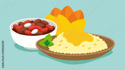 An authentic Dominican meal showcasing a plentiful portion of buttery yellow rice accompanied by a heap of seasoned pinto beans and a side of fragrant and tender beef.. Vector illustration