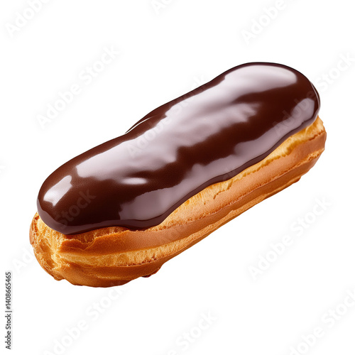 A chocolate-covered eclair with a smooth glaze and airy pastry, showcasing its delicious texture and appealing appearance.