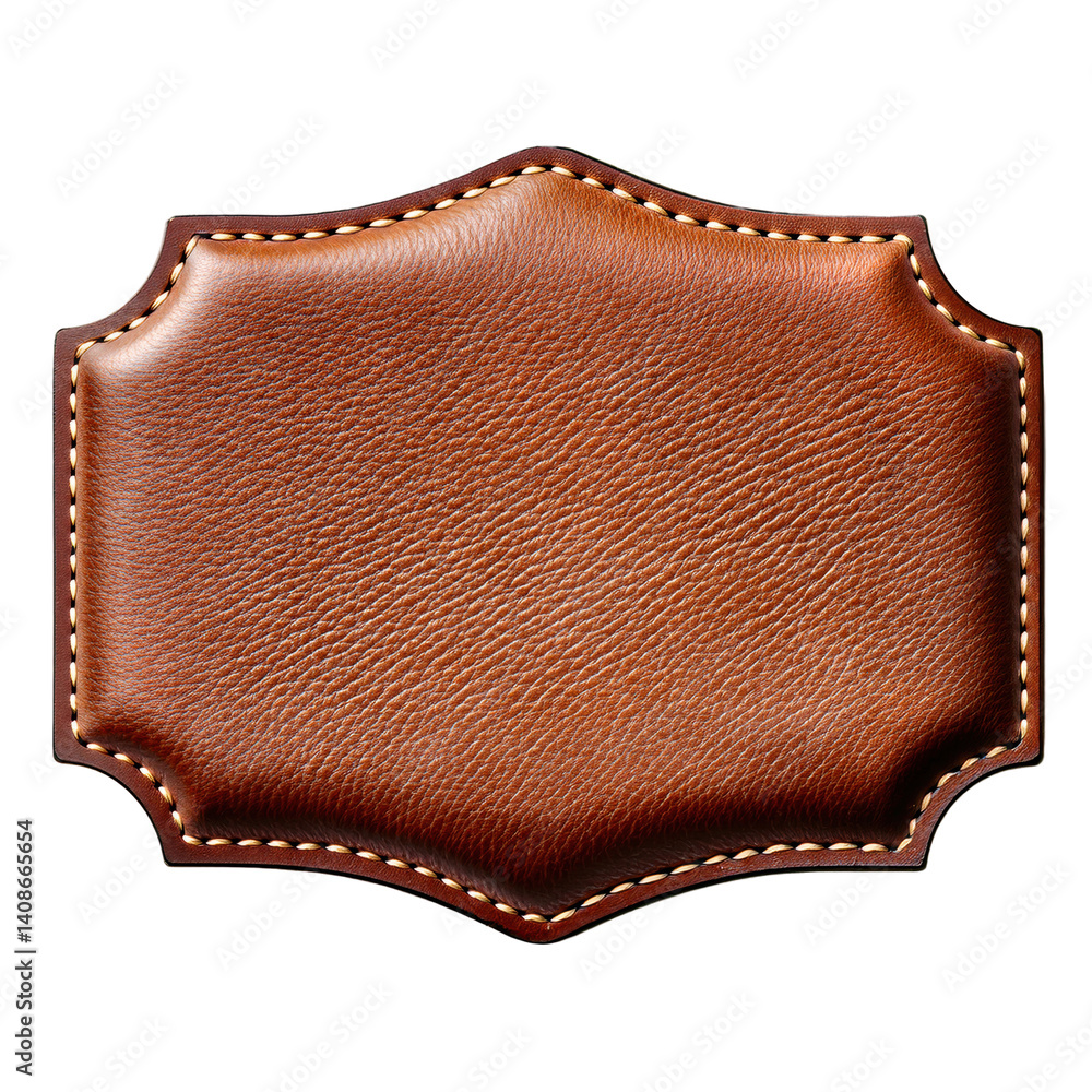 A detailed leather patch featuring a smooth texture and decorative stitching around the edges.