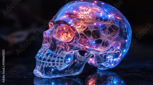 A luminous, translucent skull, illuminated by vibrant, colorful LED lights.