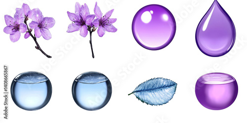 Isolated elements illustration with purple flowers water drops and leaf