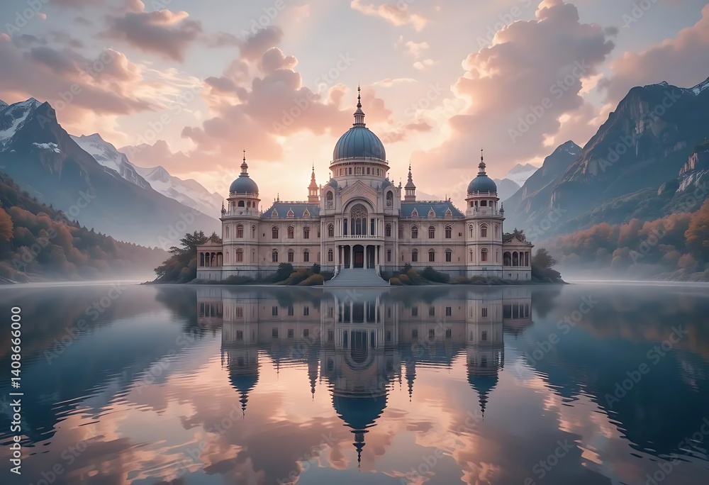 Obraz premium Grand Lake Palace: Serene Sunrise Reflection