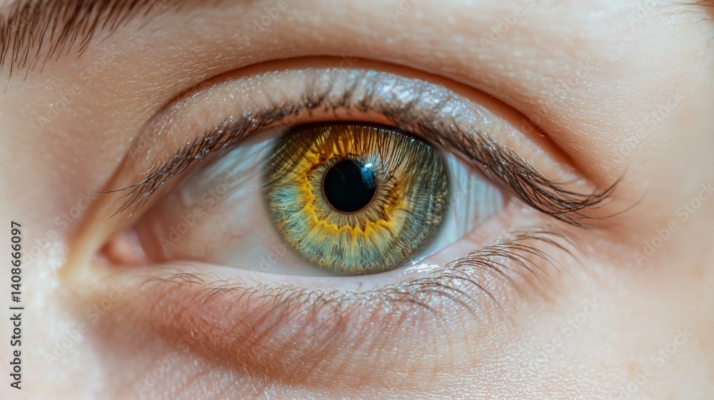 Close-up of a captivating human eye, showcasing intricate details of iris, pupil, and eyelashes. A mesmerizing blend of gold and green hues creates an enchanting visual experience. Close-up of a captivating human eye, showcasing intricate details of iris, pupil, and eyelashes. A mesmerizing blend of gold and green hues creates an enchanting visual experience.