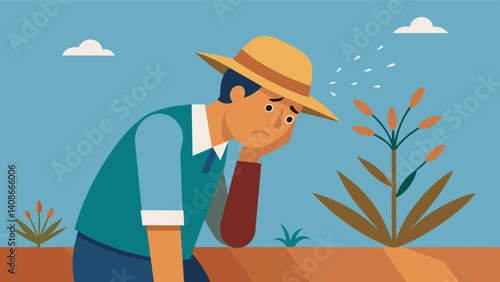 The farmers face is etched with lines of exhaustion and disappointment as he inspects a barren plant a reflection of his depleted resources.. Vector illustration