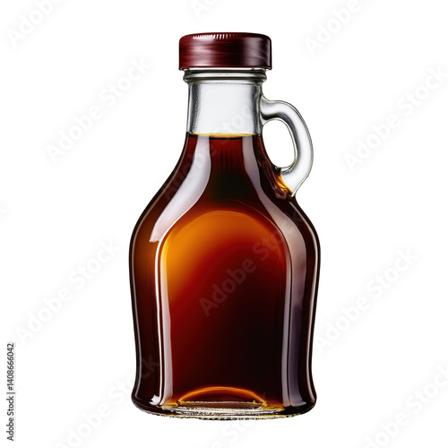 A glass bottle filled with rich, amber-colored syrup, featuring a distinctive rounded shape and a wooden cap.