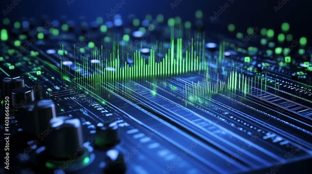 Abstract Digital Audio Visualization: Green Sound Waves on Futuristic Interface Abstract Digital Audio Visualization: Green Sound Waves on Futuristic Interface