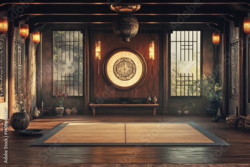 An Intricate interior of a traditional wooden room with oriental lighting and design elements