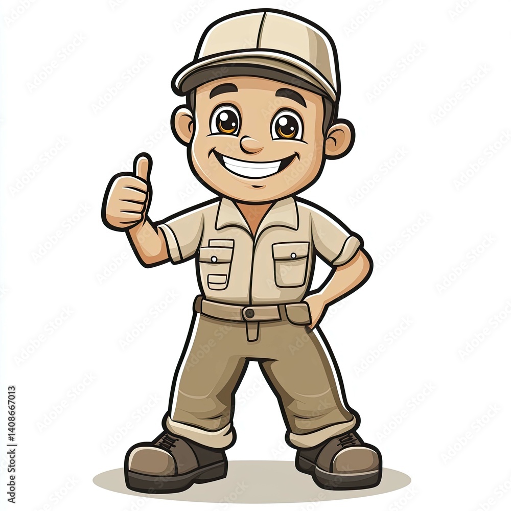 Happy Cartoon Worker: Thumbs Up for Great Service! A cheerful illustration of a worker in uniform, perfect for business logos and marketing materials. Happy Cartoon Worker: Thumbs Up for Great Service! A cheerful illustration of a worker in uniform, perfect for business logos and marketing materials.