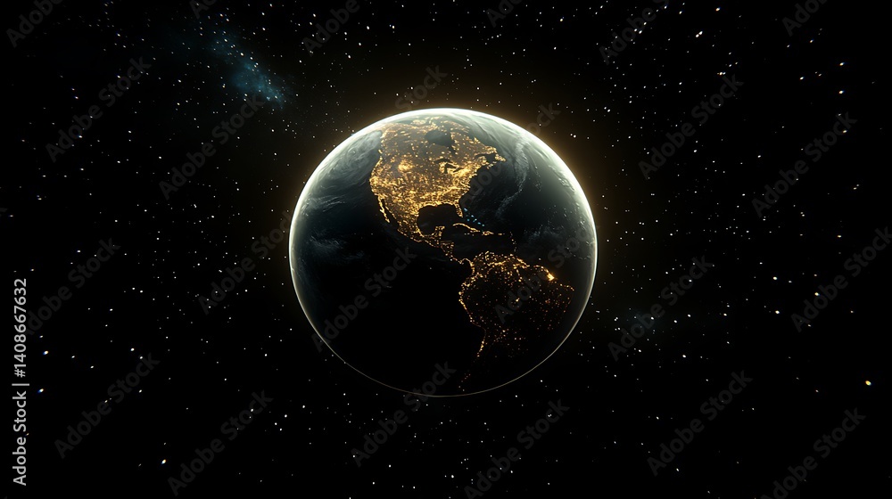 Fototapeta premium Night Earth, space, America, city lights, cosmos, background, planet, illustration