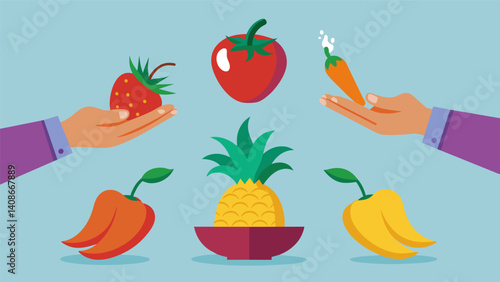 Hands carefully selecting the perfect combination of ingredients balancing the heat of the peppers with the sweetness of fresh pineapple.. Vector illustration