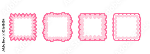 Cute frill pattern frame set. Pink scalloped square border collection. Soft wavy lace edge shapes in rococo style for poster, banner, decoration. Girly coquette rectangle element pack. Vector