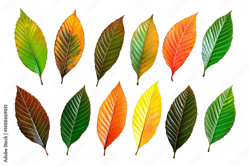 Obraz premium Isolated Leaves on Transparent Background Colorful Autumnal Pattern