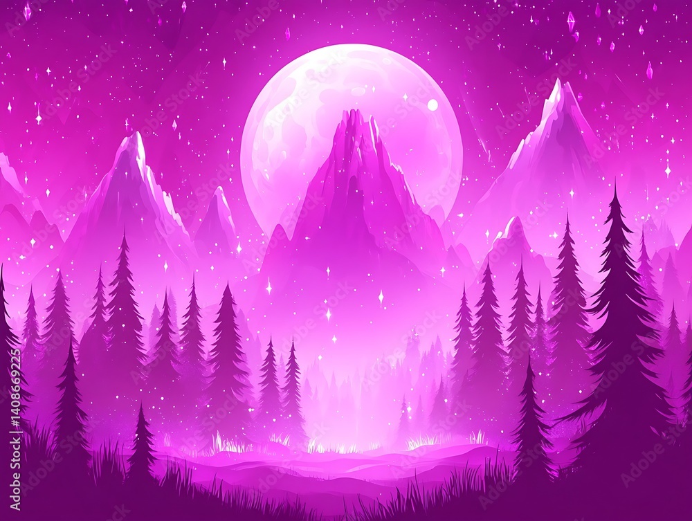 Enchanting purple landscape with majestic mountains and a luminous moon Enchanting purple landscape with majestic mountains and a luminous moon
