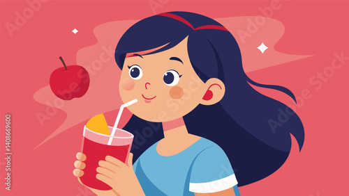 A young girl eagerly takes a sip of api her eyes widening in delight at the unexpected burst of flavor.. Vector illustration