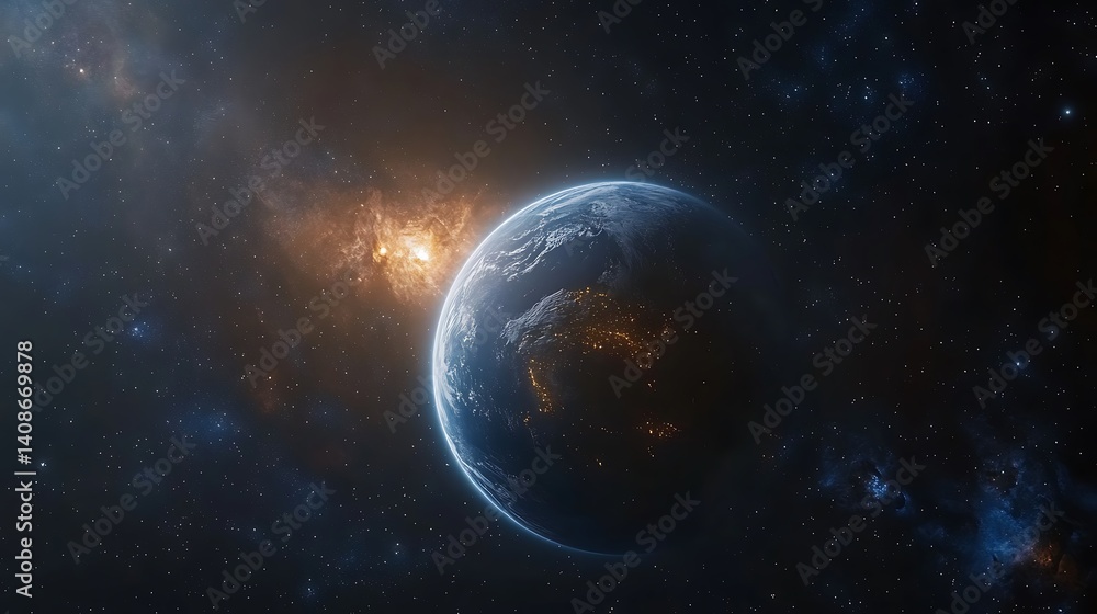 Fototapeta premium Planet Earth, space, nebula, sunrise, nightlights, cosmic, background, science fiction, wallpaper
