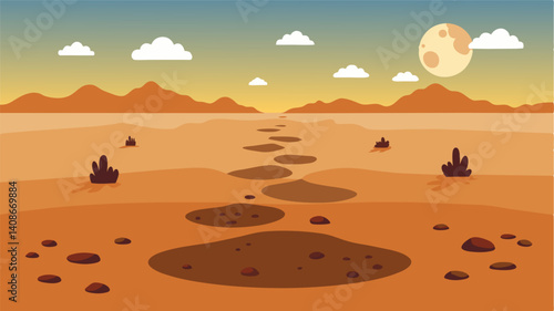 The fading footprints in the dusty ground led towards the watering hole a testament to the constant migration of animals in search of water.. Vector illustration