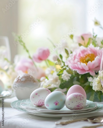 Wallpaper Mural A table setting in soft Easter colors, hand-painted eggs, spring flowers in a vase, soft fabric textures and napkins, bright natural light coming in from the window, and a joyful festive atmosphere. Torontodigital.ca