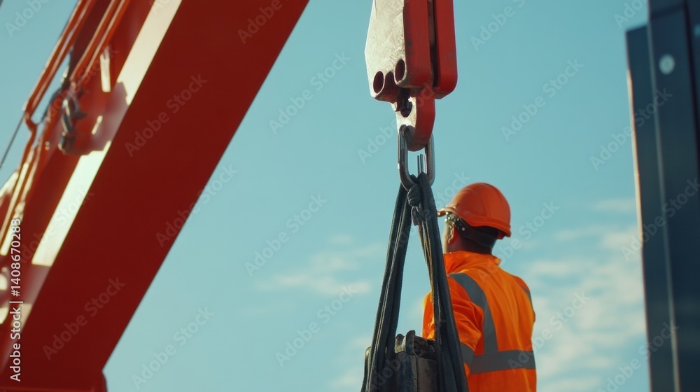 Fototapeta premium Construction worker operating a crane at a building site. Featuring precision and focus