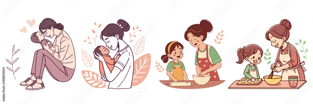 Madre e hijo cocinando juntos - Ilustración de conexión familiar Madre e hijo cocinando juntos - Ilustración de conexión familiar