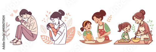 Madre e hijo cocinando juntos - Ilustración de conexión familiar