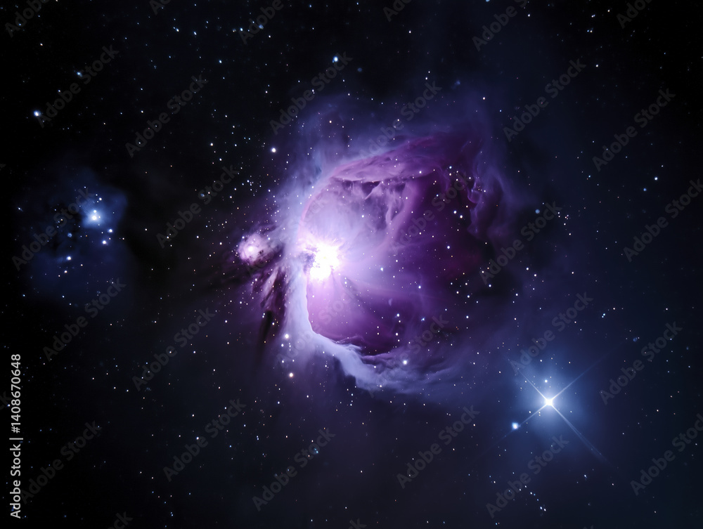 Naklejka premium Orion Nebula glowing in vibrant pink and purple hues against dark cosmic backdrop evokes sense of wonder and beauty