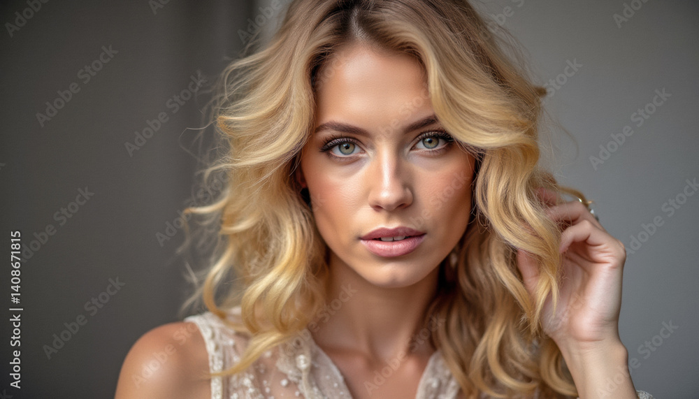 Close-up portrait of a AI generated striking blonde model. Radiates elegance, confidence, and high-fashion allure. Perfect for beauty, branding, and editorial visuals, as well as commentary on AI use. Close-up portrait of a AI generated striking blonde model. Radiates elegance, confidence, and high-fashion allure. Perfect for beauty, branding, and editorial visuals, as well as commentary on AI use.