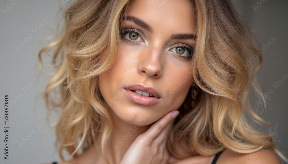 Fototapeta premium Close-up portrait of a AI generated striking blonde model. Radiates elegance, confidence, and high-fashion allure. Perfect for beauty, branding, and editorial visuals, as well as commentary on AI use.