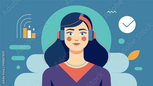 A woman using a smart earpiece that tracks her stress levels and offers relaxation tips.. Vector illustration