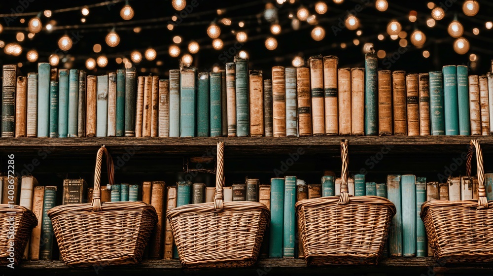 Obraz premium Books sit above woven baskets under string lights, casting a warm glow