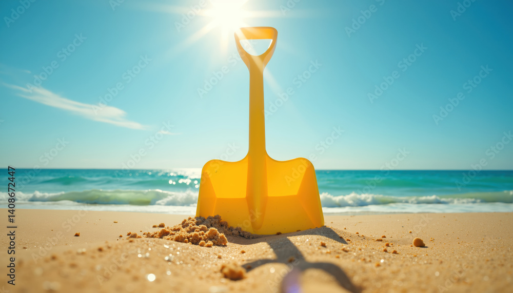 A bright yellow shovel stands upright on a sandy beach with the ocean's waves and clear blue sky in the background. A bright yellow shovel stands upright on a sandy beach with the ocean's waves and clear blue sky in the background.