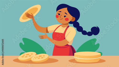 A woman deftly patting and flipping tortillas with her fingers a technique perfected over years of experience.. Vector illustration