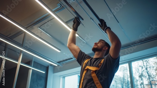 Electrician installing LED lighting in an office space. Featuring attention to detail and design
