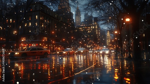 Snowy NYC street, night traffic, city lights, winter