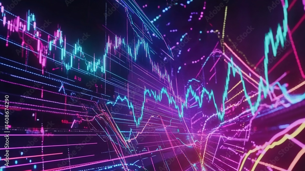 Obraz premium Neon Stock Market Data Visualization: Abstract 3D Financial Charts