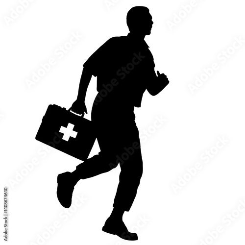 Silhouette of a Paramedic Running with First Aid Kit – Emergency Response, First Aid Concept, Medical Assistance, Urgency, Life-Saving Action, Healthcare Symbolism, Rapid Intervention


