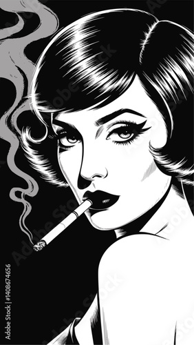 1950s-60s Inspired Vintage Woman Smoking with Elegant Features – Black and White Vector Illustration