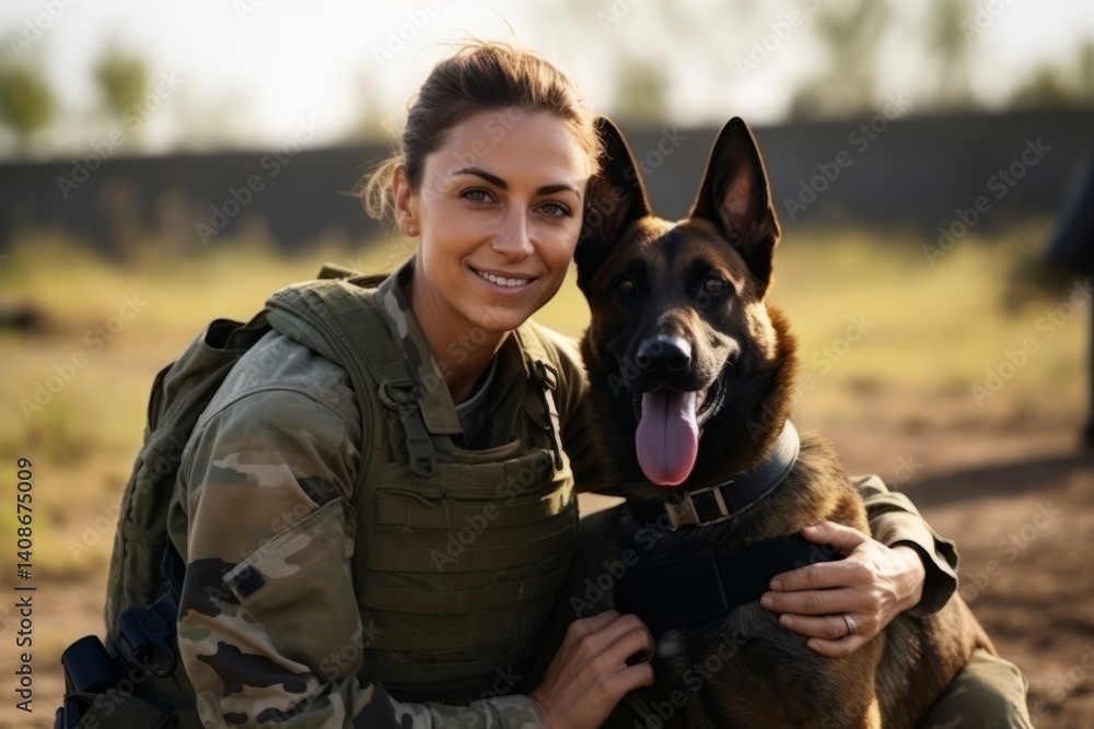 View of a beautiful woman in military uniform with a German shepherd dog.