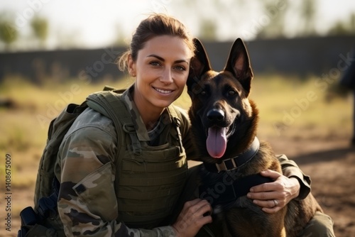Obraz na płótnie View of a beautiful woman in military uniform with a German shepherd dog. w salonie
