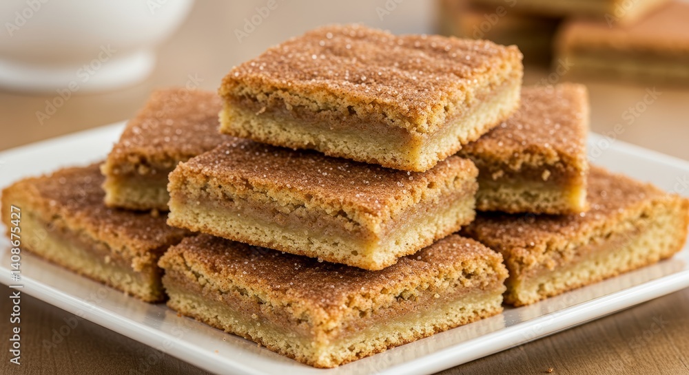 Delicious snickerdoodle bars piled high on a white platter, ready to indulge Delicious snickerdoodle bars piled high on a white platter, ready to indulge