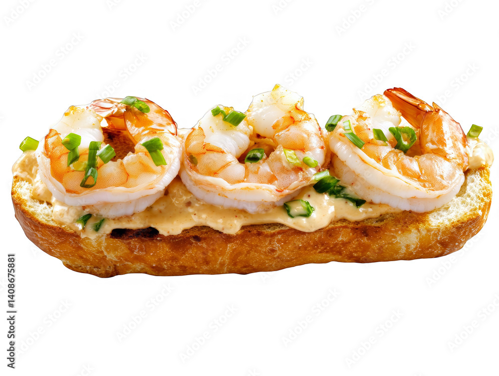 Isolated Photo of Appetizing Shrimp Toast with Orange Shrimp and Green Garnish Isolated Photo of Appetizing Shrimp Toast with Orange Shrimp and Green Garnish