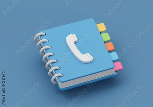 A light blue address book with a white phone icon and colorful tabs on a blue background