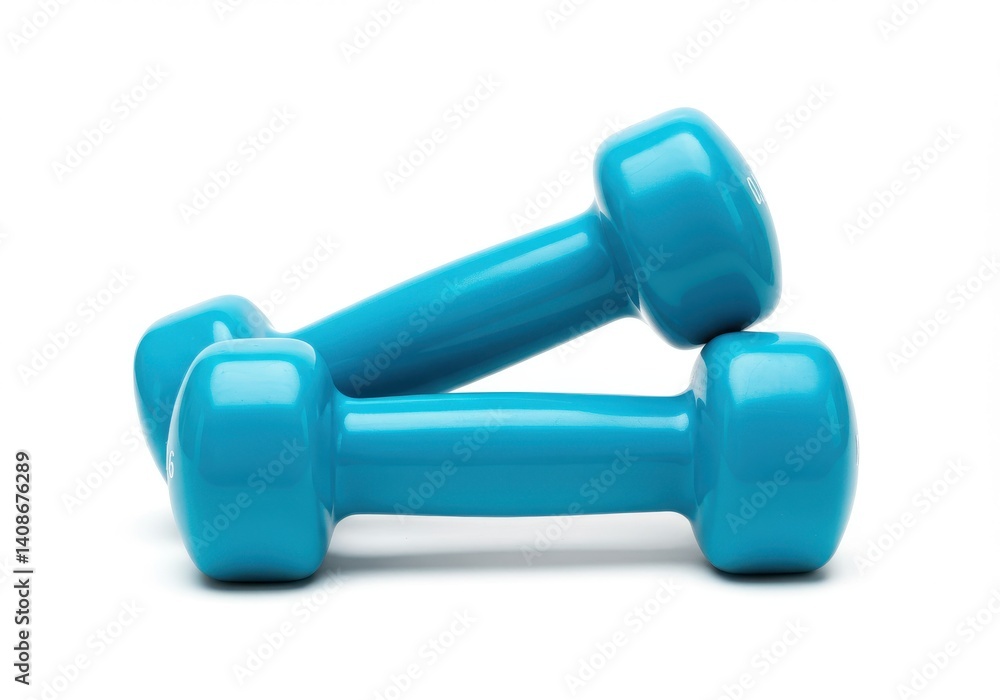 Two blue dumbbells stacked on top of each other on a white surface in a studio setting image Two blue dumbbells stacked on top of each other on a white surface in a studio setting image